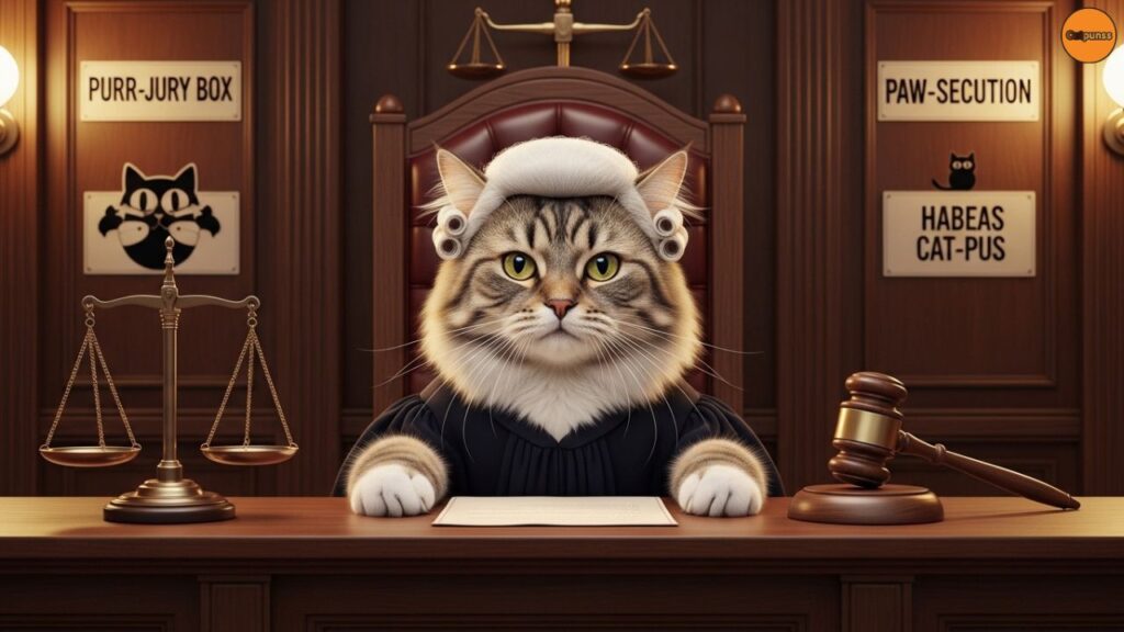 Law Cat puns courtroom whiskers